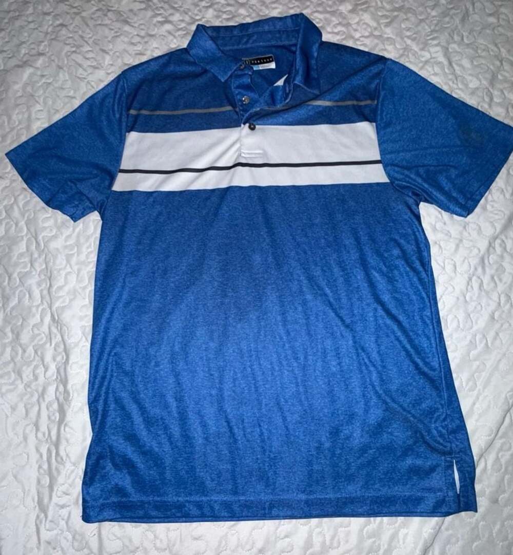 PGA Tour Pro Series Polo Shirt Size M Blue White Stripe Athletic Fit